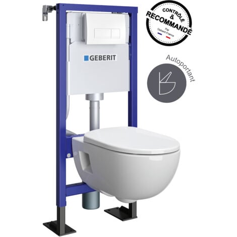 GEBERIT - Pack bâti-support - Autoportant - Duofix pour WC suspendu Design Rimfree 112 cm - Réservoir encastré (3/6 l) - Plaque de déclenchement blanche