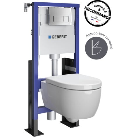 GEBERIT - Pack bâti-support - Autoportant renforcé - Duofix pour WC suspendu Premium Rimfree 112 cm - Réservoir encastré (3/6 l) - Plaque de déclenchement chromée