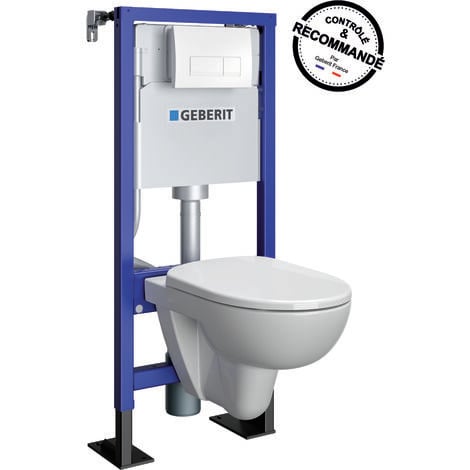 GEBERIT - Pack bâti-support Duofix pour WC suspendu Essentiel Rimfree 112 cm - Autoportant - Réservoir encastré (3/6 l) - Plaque de déclenchement blanche