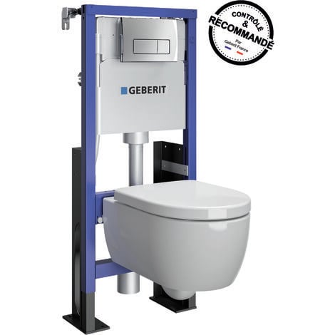 GEBERIT - Pack bâti-support Duofix pour WC suspendu Premium Rimfree 112 cm - Autoportant renforcé - Réservoir encastré (3/6 l) - Plaque de déclenchement chromée