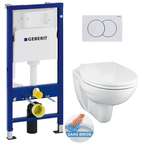 Geberit Pack bâti support DuofixBasic + WC suspendu sans bride + plaque Geberit DELTA50 blanche (PorcherGeb1)