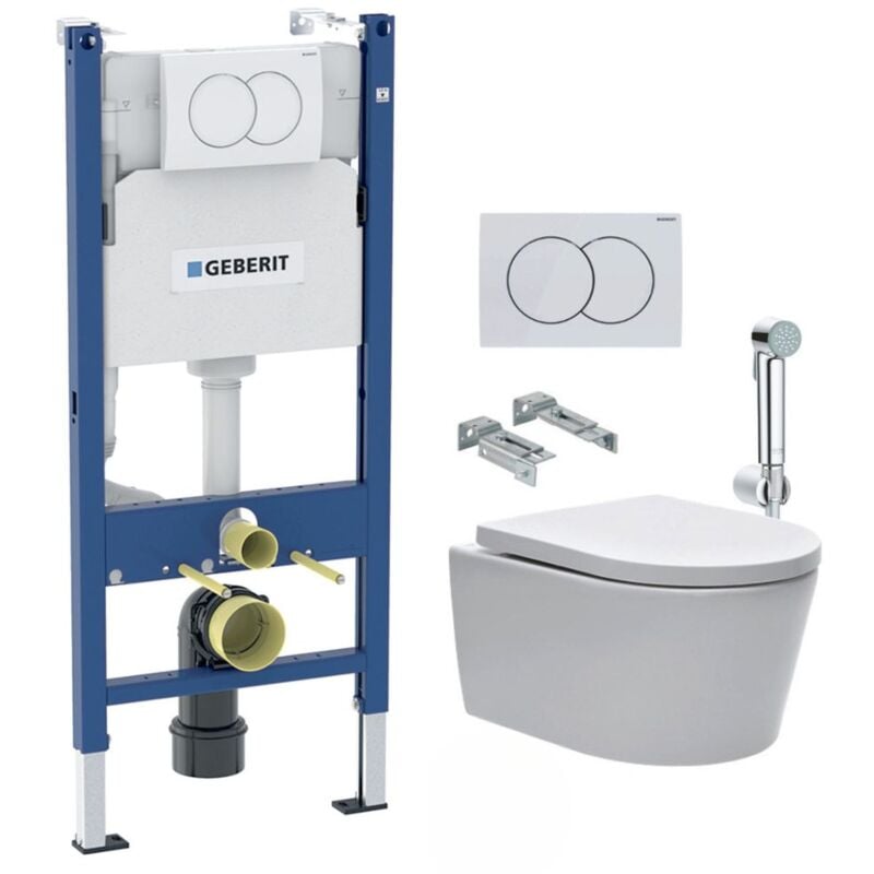 Geberit - Pack Bati-support 112cm + Cuvette Swiss Aqua Technologies sans bride + Douchette bidet + Plaque blanche
