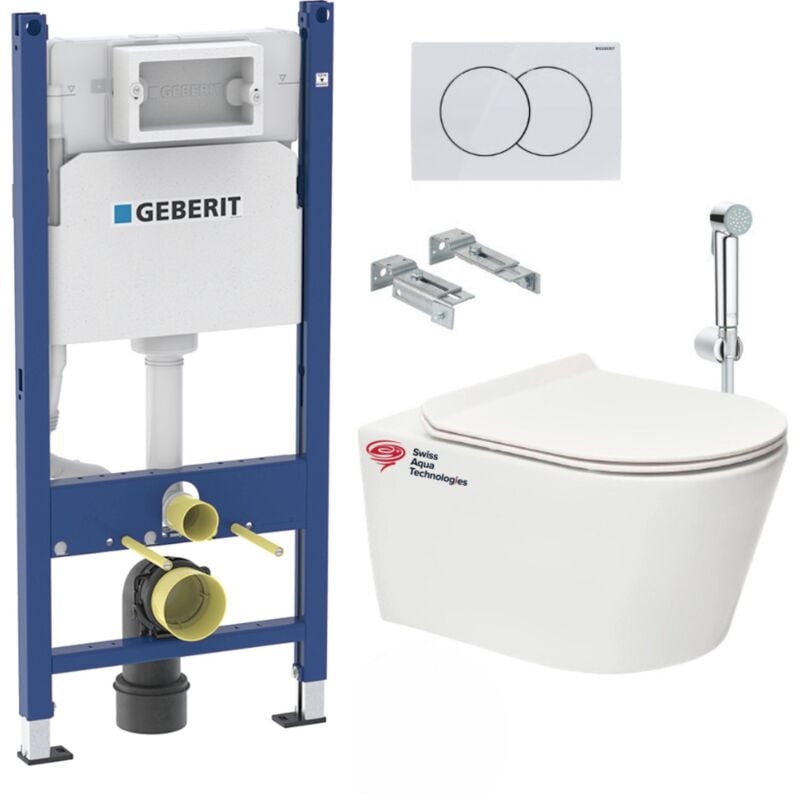 Geberit - Pack bati-support 112cm + wc sans bride Swiss Aqua Technologies + abattant ultra-fin (BREVISGEB3-SPRAY2)