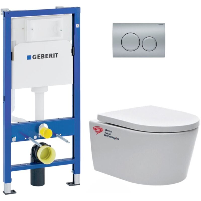 Geberit - pack Bati-support + cuvette suspendue Swiss Aqua Technologies sans bride + plaque Delta20 chrome mat