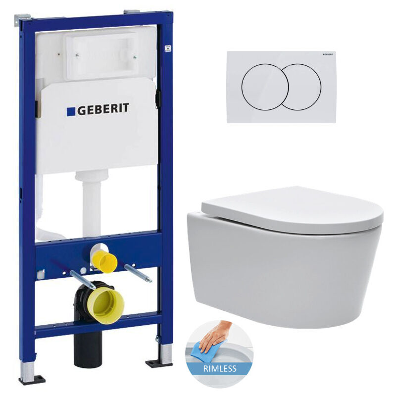 Toilet set UP100 support frame pack + white Delta01 plate + sat rimless suspended bowl and invisible fixings (SATrimlessGeb1) - Geberit