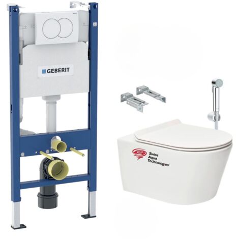 Geberit Pack Vorwandelement 112cm + WC ohne Spülrand + Ultradünner Sitz, Softclose + Bidet Handbrause + Betätigungsplatte