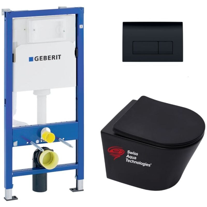 Geberit - Pack wc bati-support + wc sans bride Swiss Aqua Technologies + abattant SoftClose + plaque noire (BLINFIGEB7)