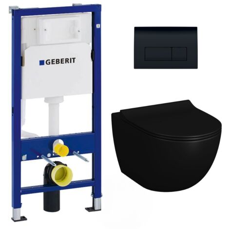 Geberit Pack WC bati Duofix + WC sans bride SAT Infinitio 2.0 Noir mat + Abattant frein de chute + Plaque Delta 50 Noire