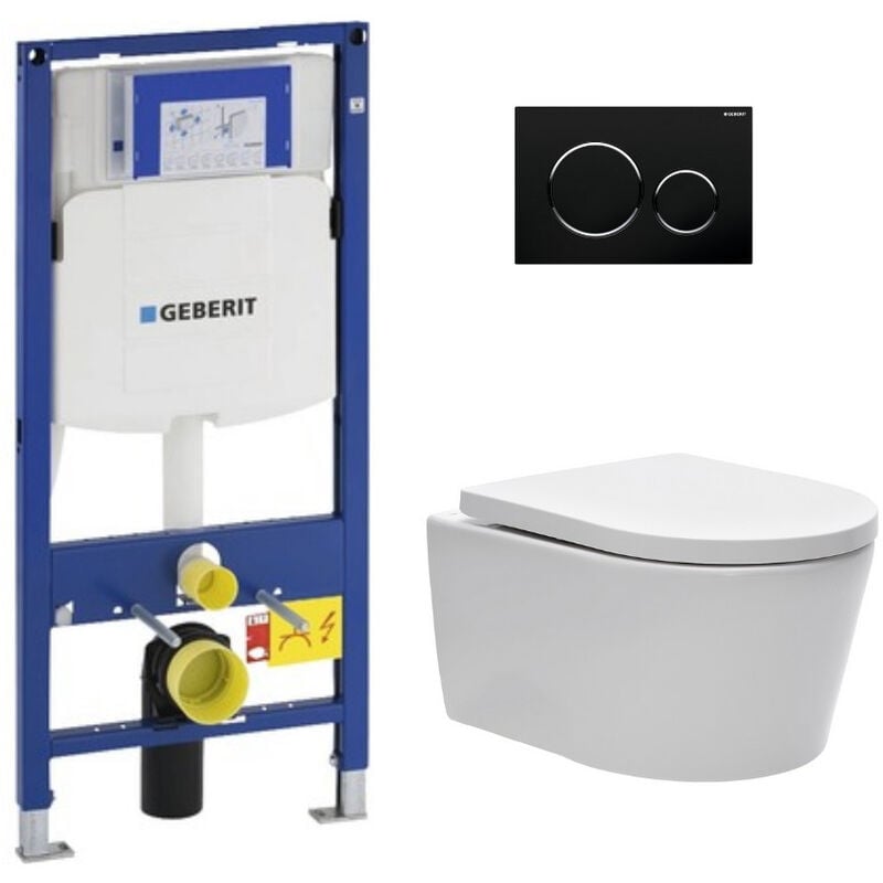 Geberit - Pack wc Bati-support avec Cuvette sat rimless fixation invisible + Abattant softclose + Plaque Noir chrome GebSATrimless