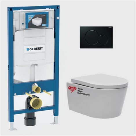 Geberit – Pack WC Bâti-support avec cuvette Swiss Aqua Technologies rimless – Abattant softclose – Plaque noire – GEBSATRIMLESSA