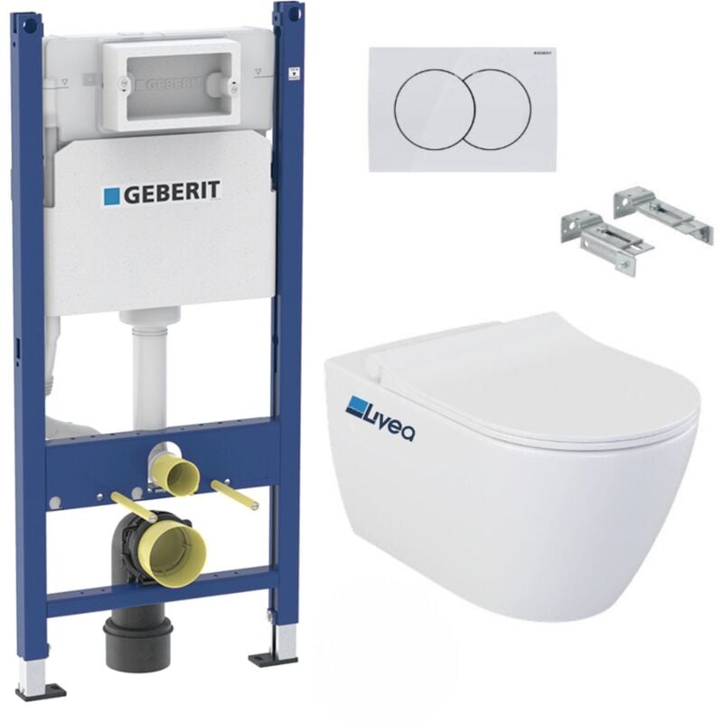 Geberit - Pack wc Bati-support Duofix + Cuvette suspendue sans bride Livea Bello + Abattant soft close + Plaque Blanche (BelloGeb3