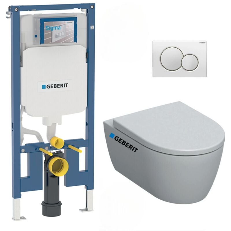 Pack wc Bati-support Geberit Duofix extra-plat + wc sans bride Geberit iCon + Abattant softclose + Plaque blanche (SLIM-iCon-B)