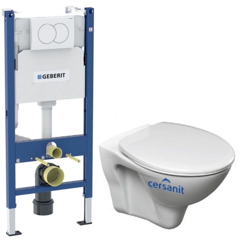 Pack WC Bati-support GEBERIT Duofix + WC Cersanit S-line Pro + Abattant + Plaque blanche (S-LineProGeb3)