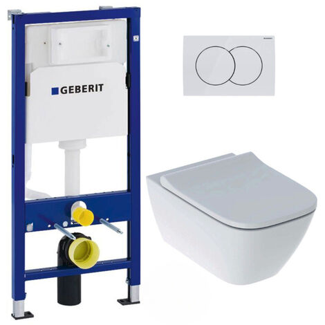 Geberit Pack WC Bâti-support Duofix + WC sans bride Geberit Smyle + Abattant softclose + Plaque blanche (SmyleGeb1)