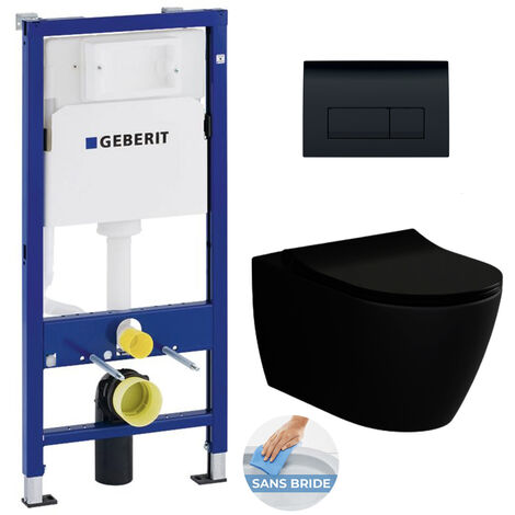 Geberit Pack WC Bati-support Duofix + WC sans bride Livea Bello noir mat + Abattant softclose + Plaque noire (BlackBelloGeb-7)