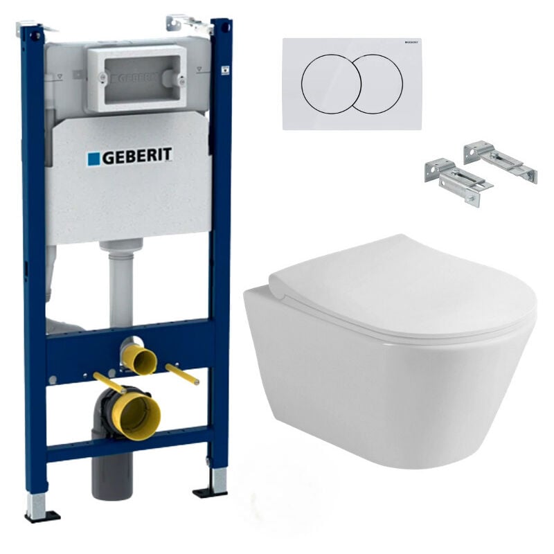 Pack wc Bati-support Geberit Duofix + wc sans bride Lucco Avva + Abattant softclose + Plaque blanche (AvvaGeb3)