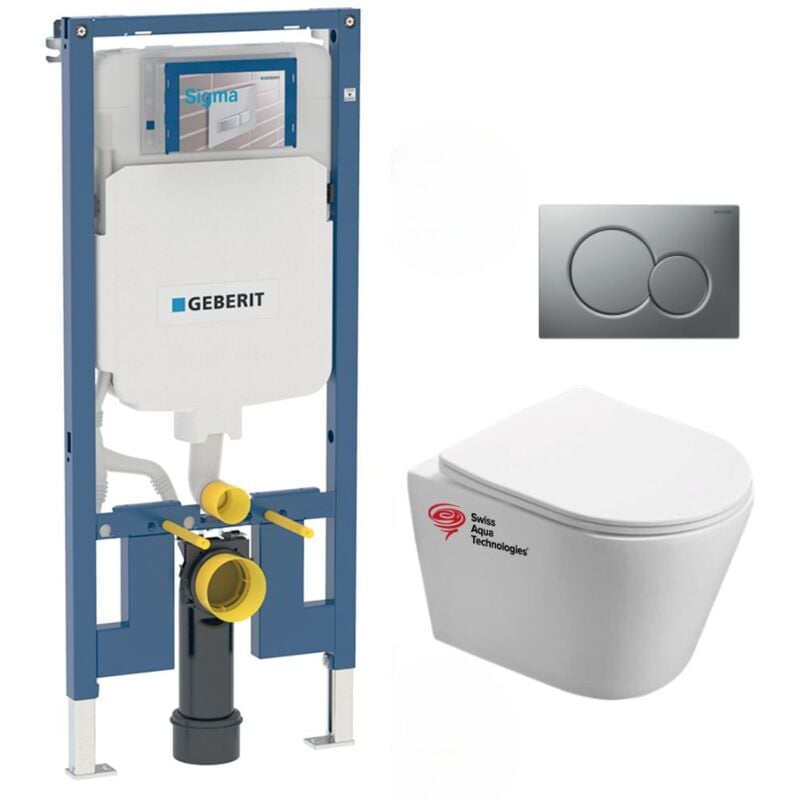 Geberit - Pack wc Bati-support extra-plat + Cuvette Swiss Aqua Technologies sans bride fixations invisibles + Plaque