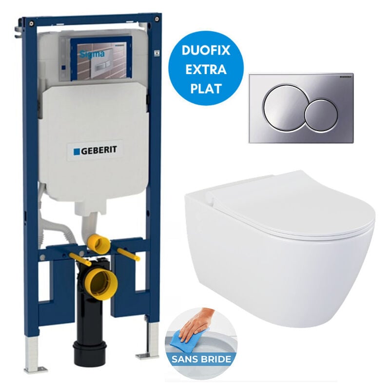 Pack wc Bati-support Geberit extra-plat UP720 + Cuvette suspendue sans bride Livea Bello + Abattant frein de chute + Plaque chro