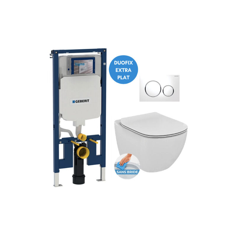 Pack wc Bati-support Geberit extra-plat UP720 + wc Ideal Standard Tesi Aquablade + Abattant softclose + Plaque Blanc/Chrome