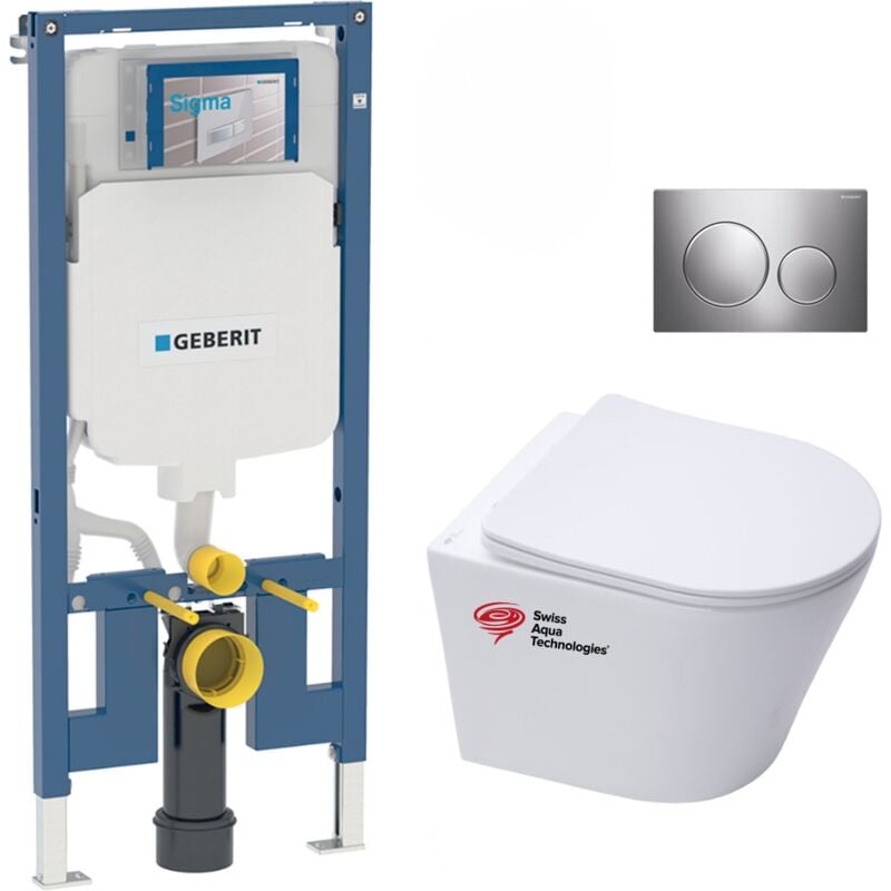 Geberit - Pack wc Bati-support extra-plat + wc Swiss Aqua Technologies sans bride + Abattant softclose + Plaque chrome