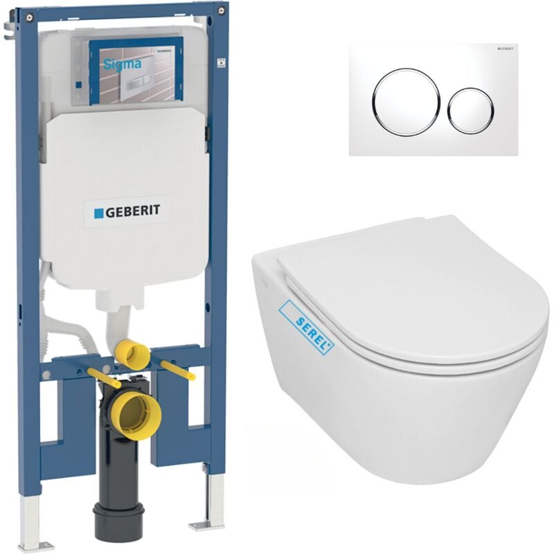 Pack wc Bati-support Geberit extra-plat UP720 + wc sans bride Serel sans bride + Abattant softclose + Plaque blanche (SLIM-SP26-
