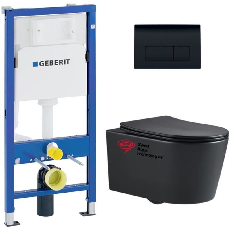 Geberit - Pack wc bati-support + wc Swiss Aqua Technologies sans bride + abattant SoftClose + plaque noire (BLSATGEB7)