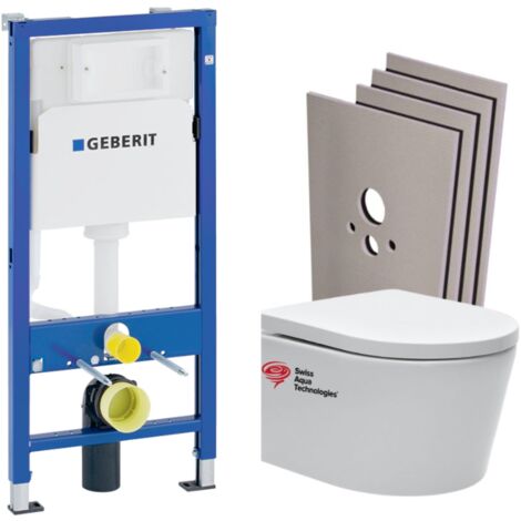 Geberit – Pack WC bâti-support sans bride 112 cm – Cuvette céramique avec abattant softclose – Plaque de déclenchement DELTA35 blanche – Set habillage Jackoboard