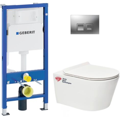 Geberit – Pack WC bâti-support UP100 – Cuvette suspendue sans bride – Abattant ultra-fin softclose – Fixations invisibles – Plaque chrome mat