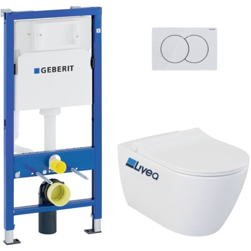 Geberit - Pack wc Bati-support UP100 + wc sans bride Livea Bello + Abattant softclose + Plaque Blanc alpin ( Livea BelloGeb1)