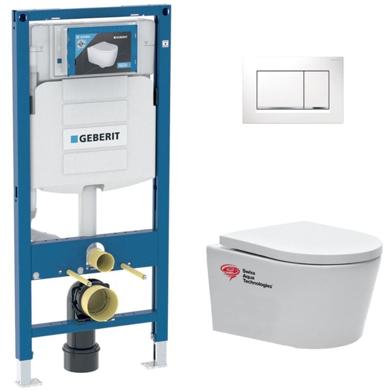 Pack wc Bati Geberit Cuvette sans bride Swiss Aqua Technologies + Abattant SoftClose + plaque blanche (GebSATrimless-H)