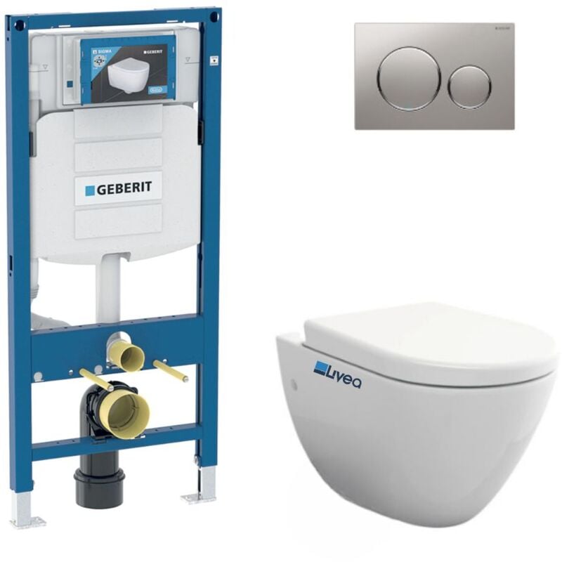 Pack wc Bati-support Geberit UP320 + wc sans bride Livea Bello + Abattant softclose + Plaque Sigma20 Chrome mat/brillant