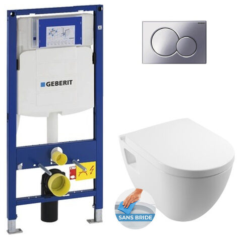 Geberit Pack WC Bâti-support UP320 + WC sans bride Serel SM26 + Abattant softclose + Plaque Chrome (GebSM26-N)