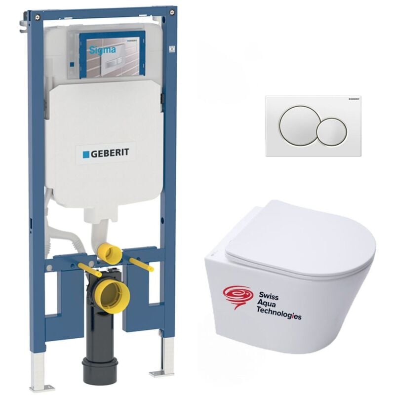 Geberit - Pack wc bati-support + Cuvette Swiss Aqua Technologies sans bride + Plaque blanche (slim-infinitio-b)