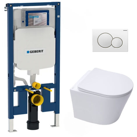 Geberit Pack WC bati-support UP720 extra-plat + Cuvette SAT Infinitio sans bride fixations invisibles + Plaque blanche