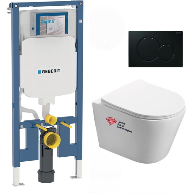 Geberit - Pack wc Bati extra-plat + Cuvette Swiss Aqua Technologies sans bride fixations invisibles + plaque (SLIM-Infinitio-A)