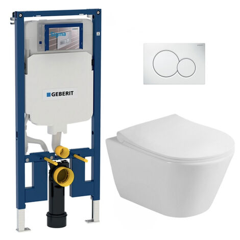 Geberit Pack WC bâti-support UP720 extra-plat + WC sans bride Lucco Avva, fixations invisibles + Plaque blanche (SLIM-Avva-B)
