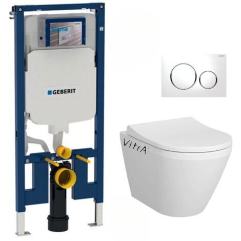 Geberit Pack WC Bati-support UP720 extra-plat + WC sans bride Vitra Integra avec fixations invisibles + Abattant softclose + Plaque