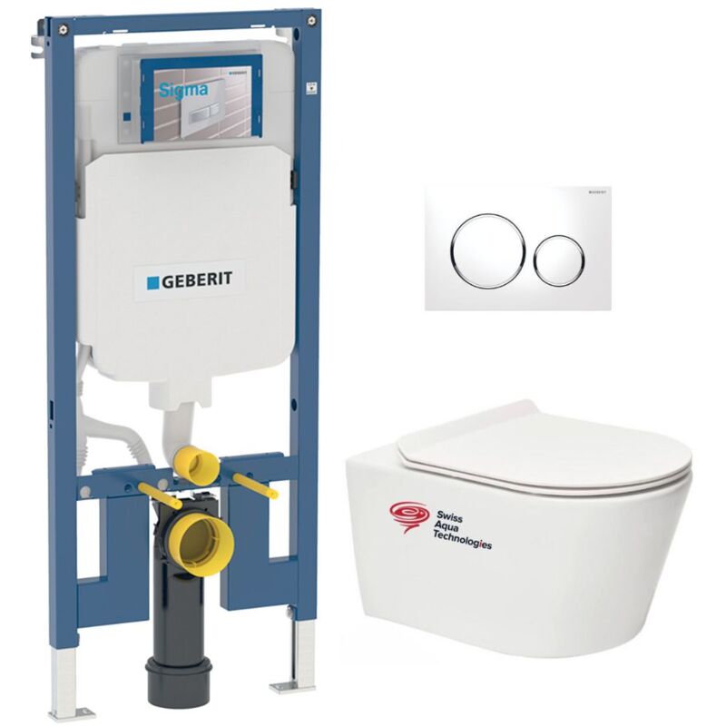 Pack wc Bati-support Geberit wc Swiss Aqua Technologies sans bride + Plaque blanche (SLIM-Brevis-C)
