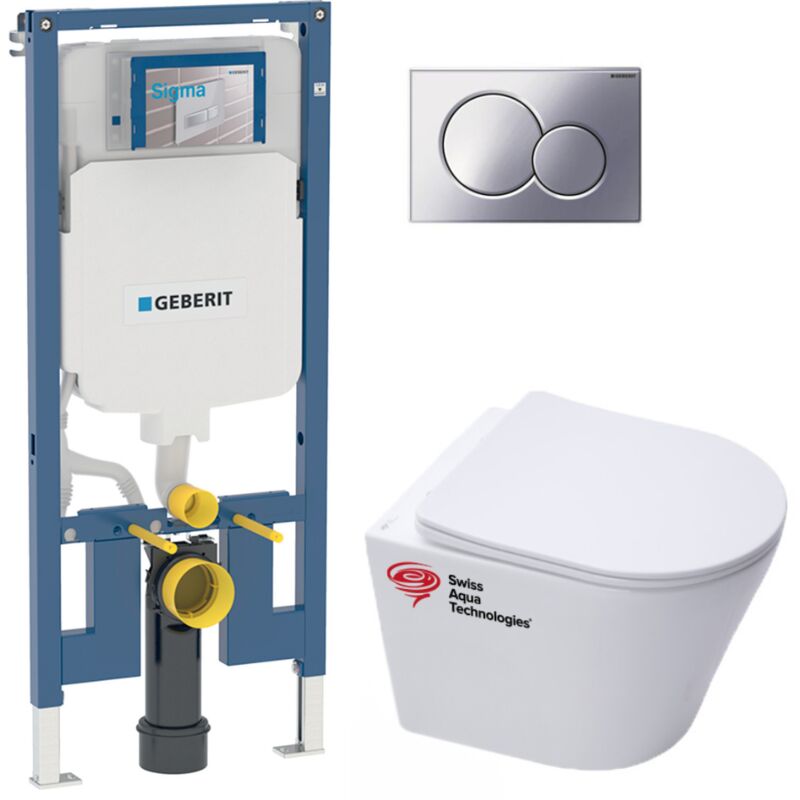 Geberit - Pack wc Bati-support extra-plat + wc Swiss Aqua Technologies sans bride + plaque