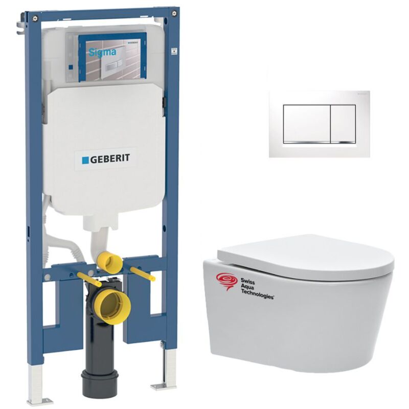 Pack WC Bati-support Geberit + WC Swiss Aqua Technologies sans bride + abattant SoftClose + plaque blanche (SLIM-SATrimless-H)
