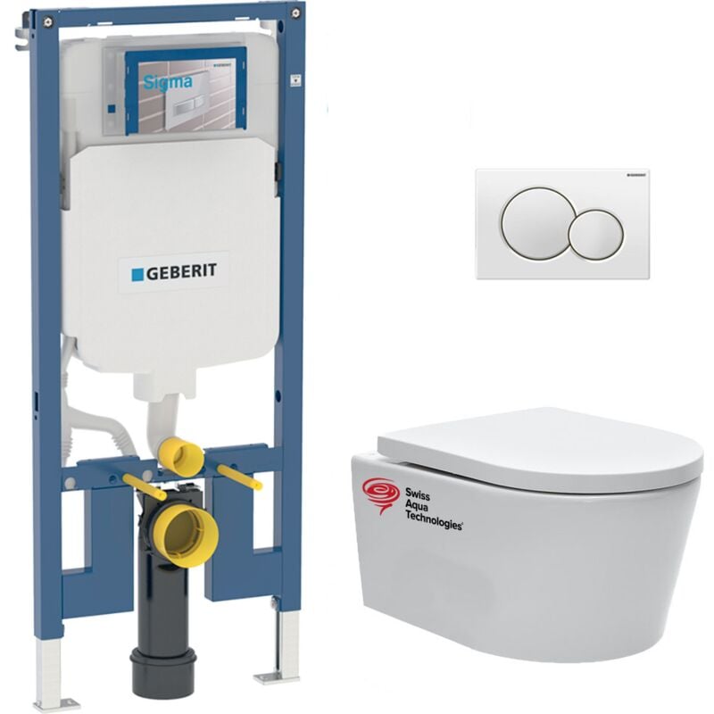 Geberit - Pack wc bati-support + wc Swiss Aqua Technologies sans bride + abattant + plaque (slim-satrimless-b)