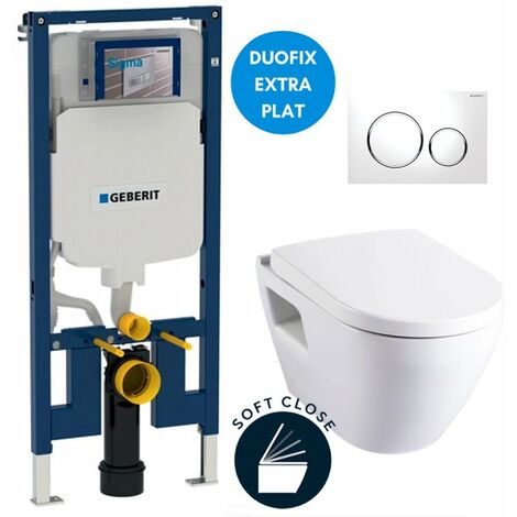 Geberit Pack WC bâti-support UP720 extra-plat + WC Serel SM10 + Abattant + Plaque blanche (SLIM-SM10-C)