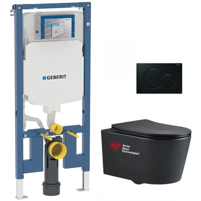Geberit - Pack wc Bati-support UP720 slim + wc sans bride Swiss Aqua Technologies + plaque noire mat (slimblsata)