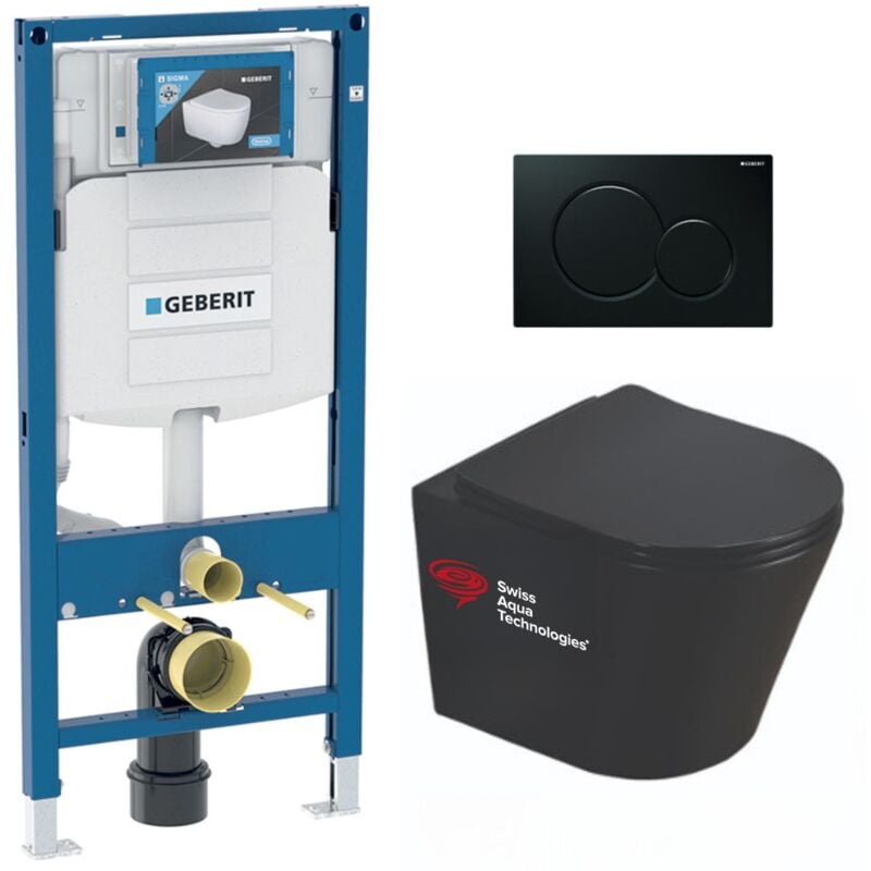 Geberit - Pack wc Bati-support + wc Swiss Aqua Technologies Infinitio noir mat sans bride + Plaque noire foncee (GebBlackInfinitio