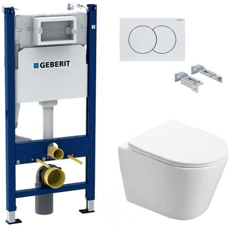 Geberit Pack WC Bâti-support + WC Swiss Aqua Technologies Infinitio sans bride, fixations invisibles + Plaque blanche