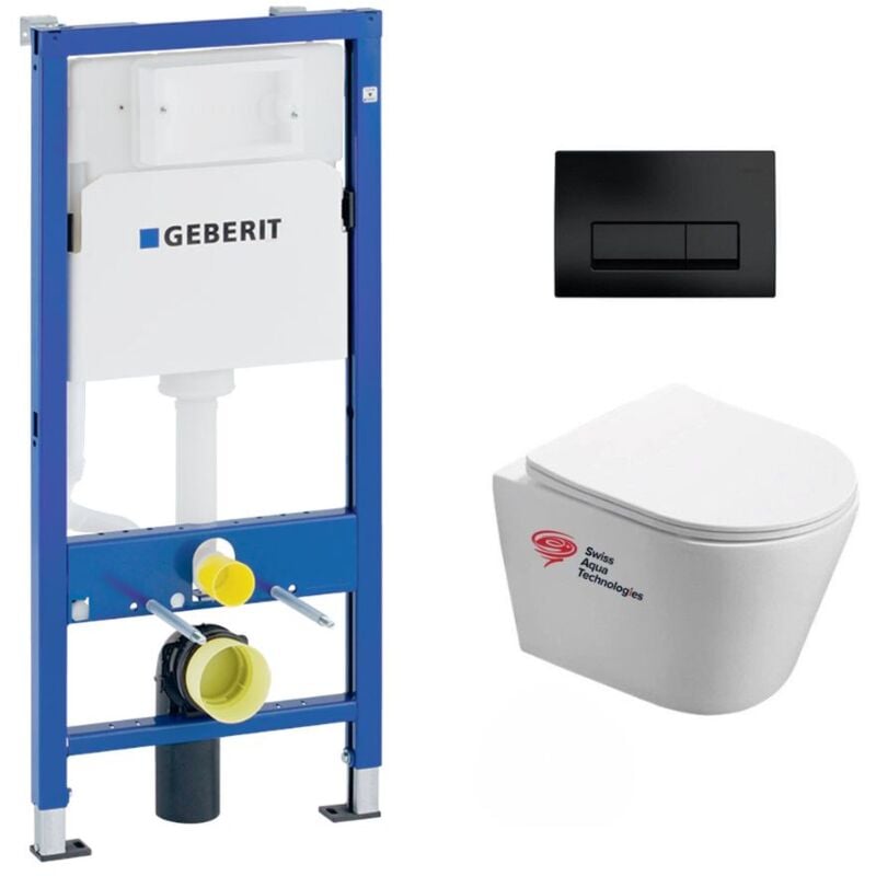 Geberit - Pack wc Bati-support + wc Swiss Aqua Technologies Infinitio sans bride + plaque Delta 50 noir mat