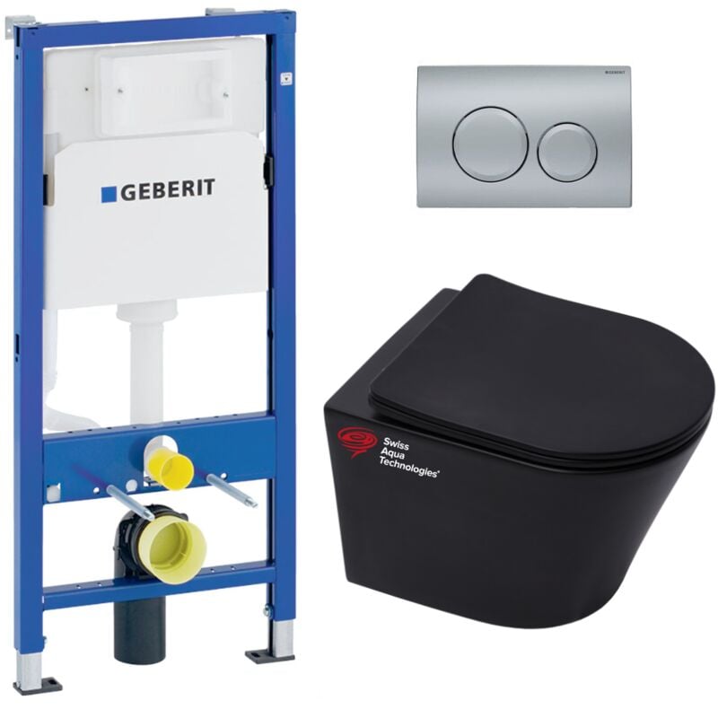 Geberit - Pack wc Bati-support + wc sans bride Swiss Aqua Technologies + Abattant frein de chute + Plaque chrome mat