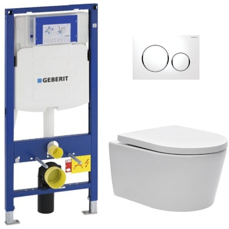 Geberit - Pack wc Bati-support Cuvette sat rimless fixations invisibles + Abattant softclose + Plaque blanc chrome GebSatrimless-C