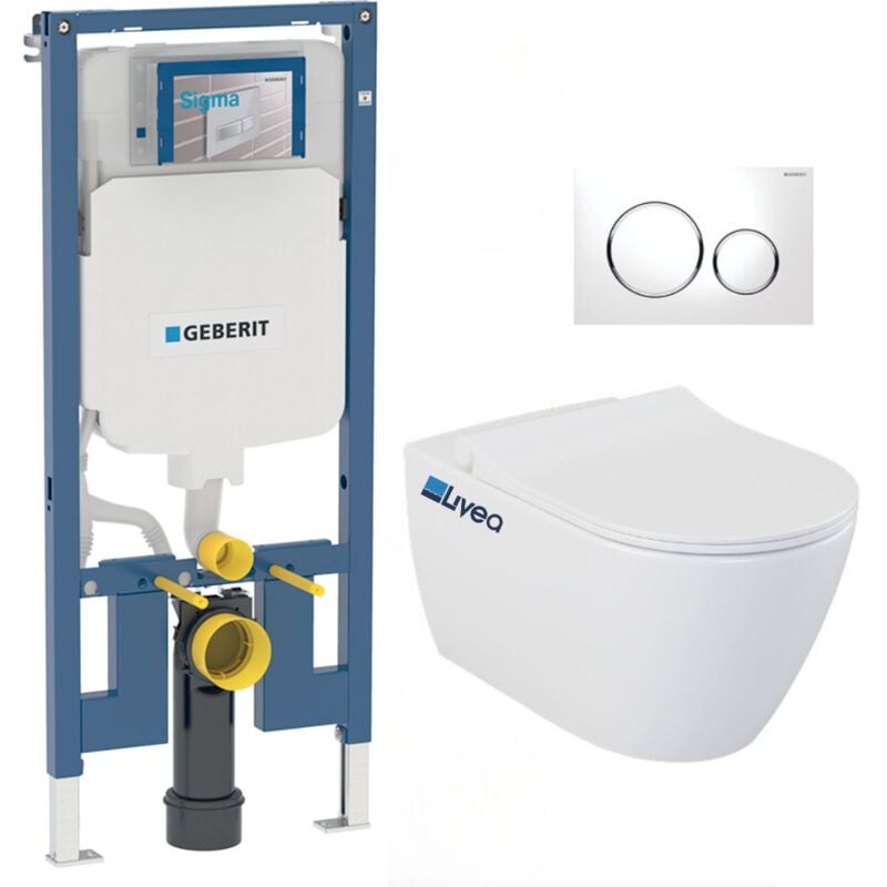 Pack wc Bati-support Geberit Duofix UP720 extra-plat + wc sans bride Livea Bello + Abattant softclose + Plaque blanche