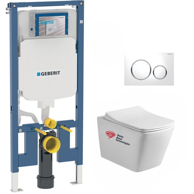 Geberit - Pack wc Bati-support extra-plat UP720 + wc Swiss Aqua Technologies suspendu Infinitio + Abattant softclose + Plaque Blan